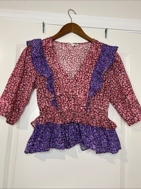 Celina Moon Boho Floral V-Neck Top with Ruffle Tiers - Small
